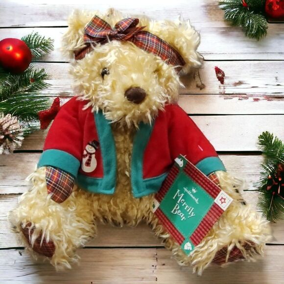 Hallmark Merrily Bear 10" Christmas Plush Plaid Original Tags Snowman Sweater - Picture 10 of 10